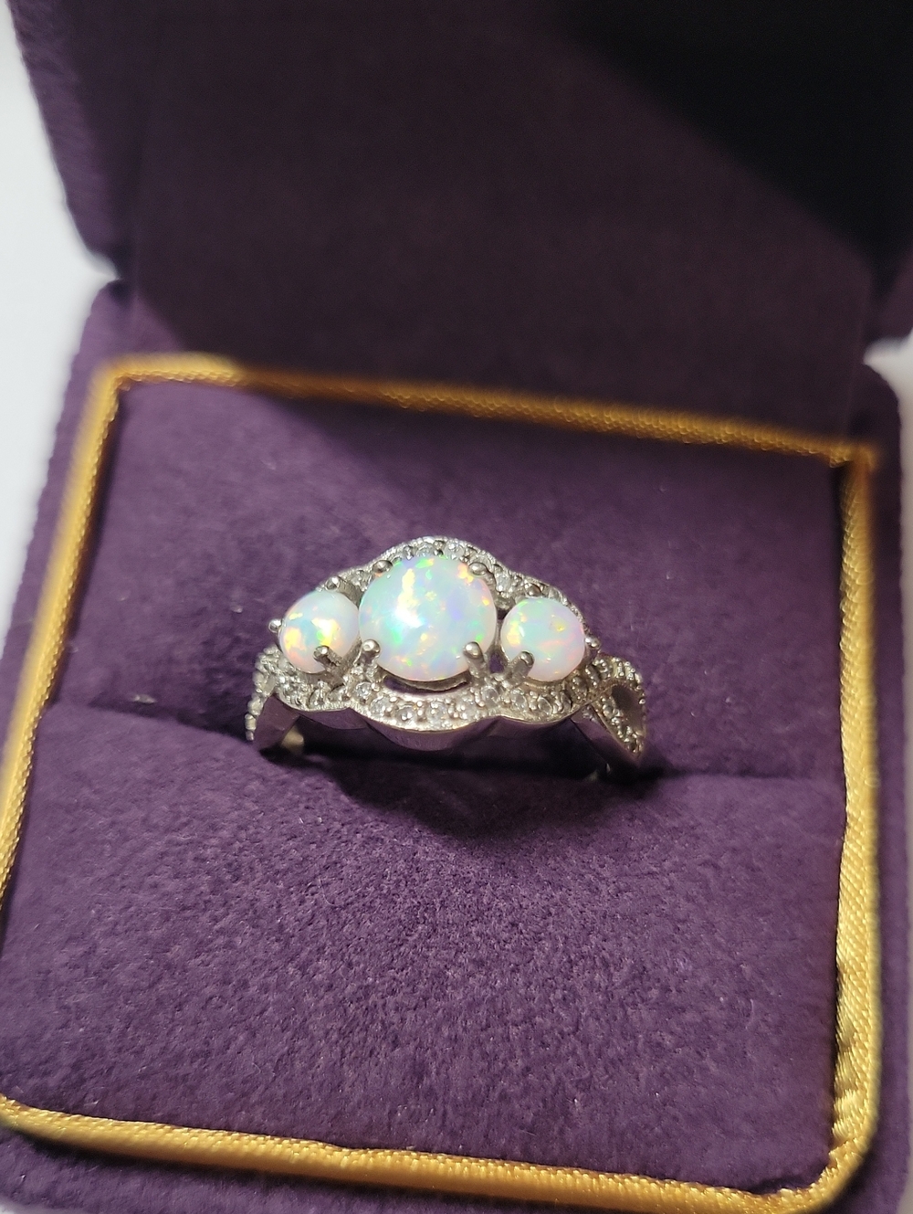 Sterling Silver Opal Trilogy Ring with White Opal and Accent Stones